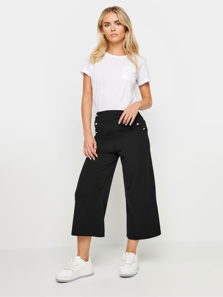 PixieGirl Petite Black Button Front Wide Leg Cropped Trousers - Image 1 of 4