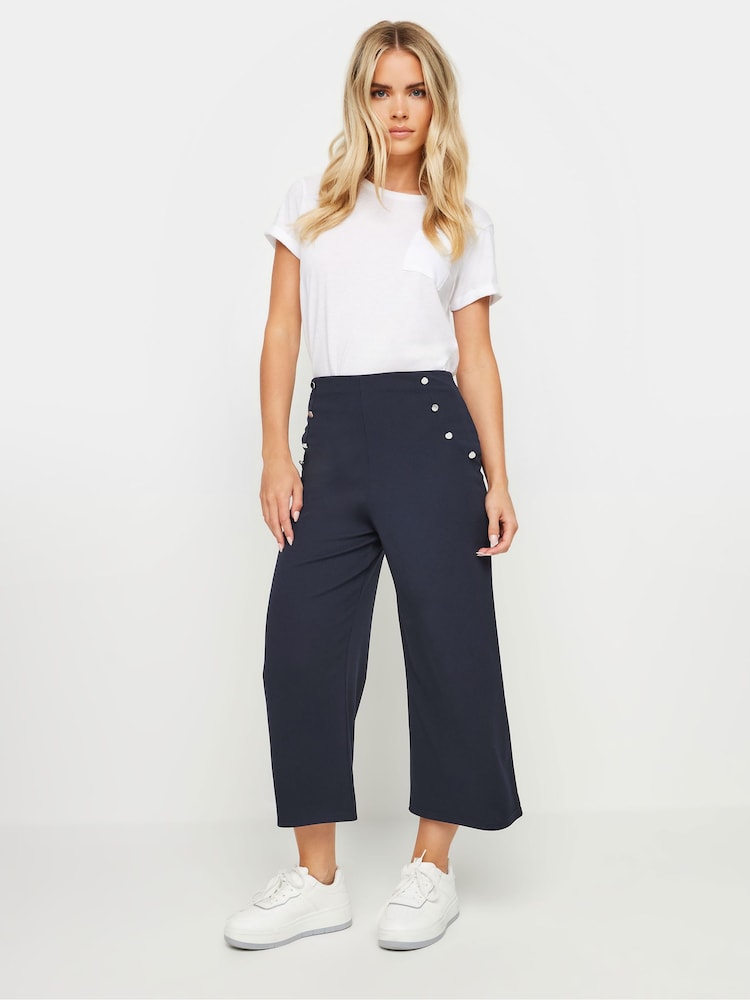 PixieGirl Petite Blue Button Front Wide Leg Cropped Trousers - Image 1 of 5
