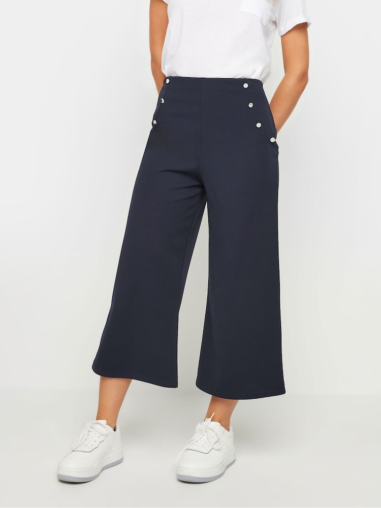 PixieGirl Petite Blue Button Front Wide Leg Cropped Trousers - Image 2 of 5