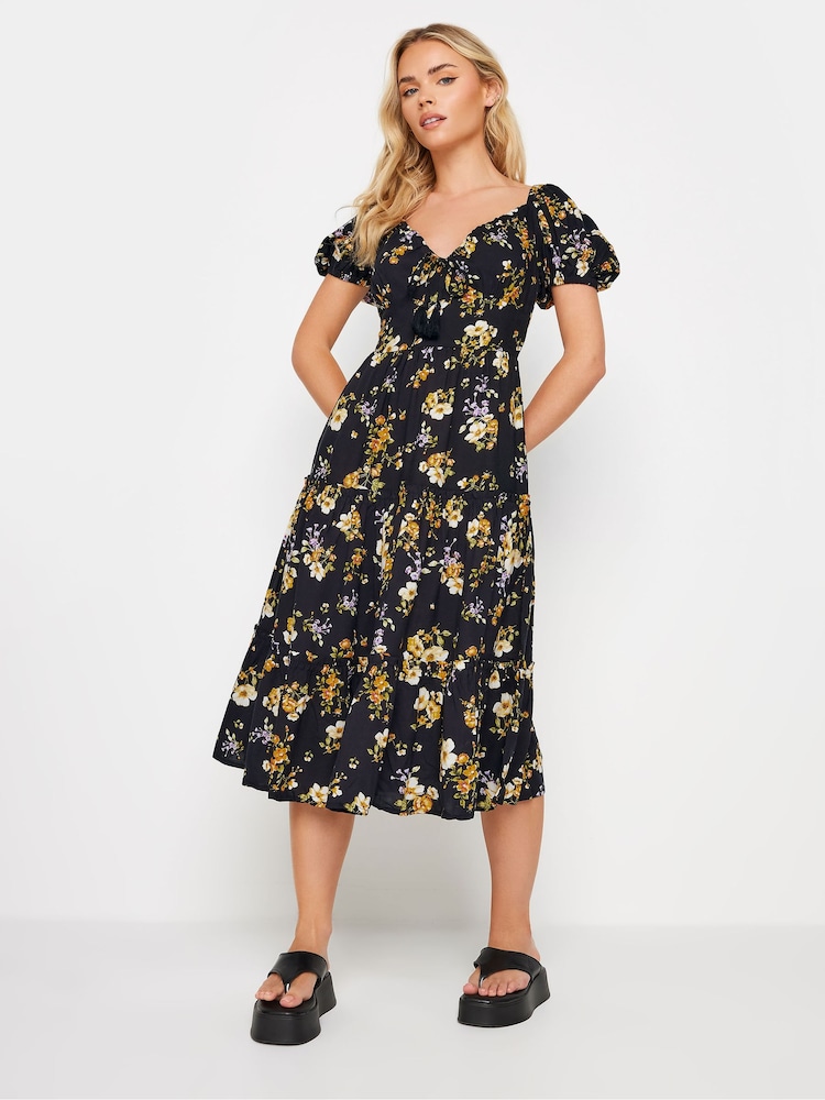 PixieGirl Petite Black V-Neck Tiered Midi Dress - Image 1 of 5