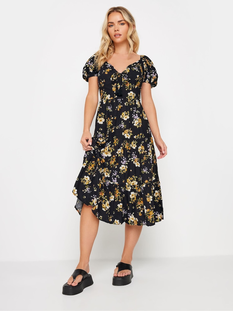 PixieGirl Petite Black V-Neck Tiered Midi Dress - Image 2 of 5