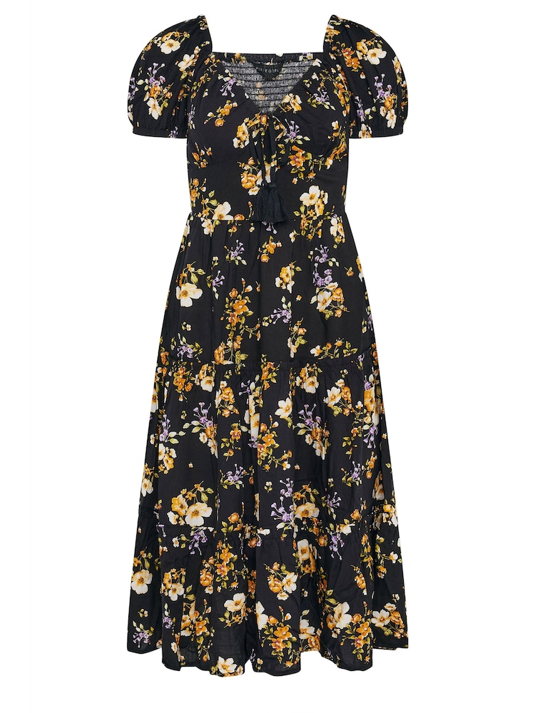 PixieGirl Petite Black V-Neck Tiered Midi Dress - Image 5 of 5