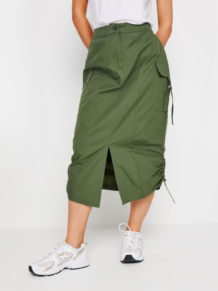PixieGirl Petite Green 100% Cotton Cargo Ruched Midi Skirt - Image 2 of 5