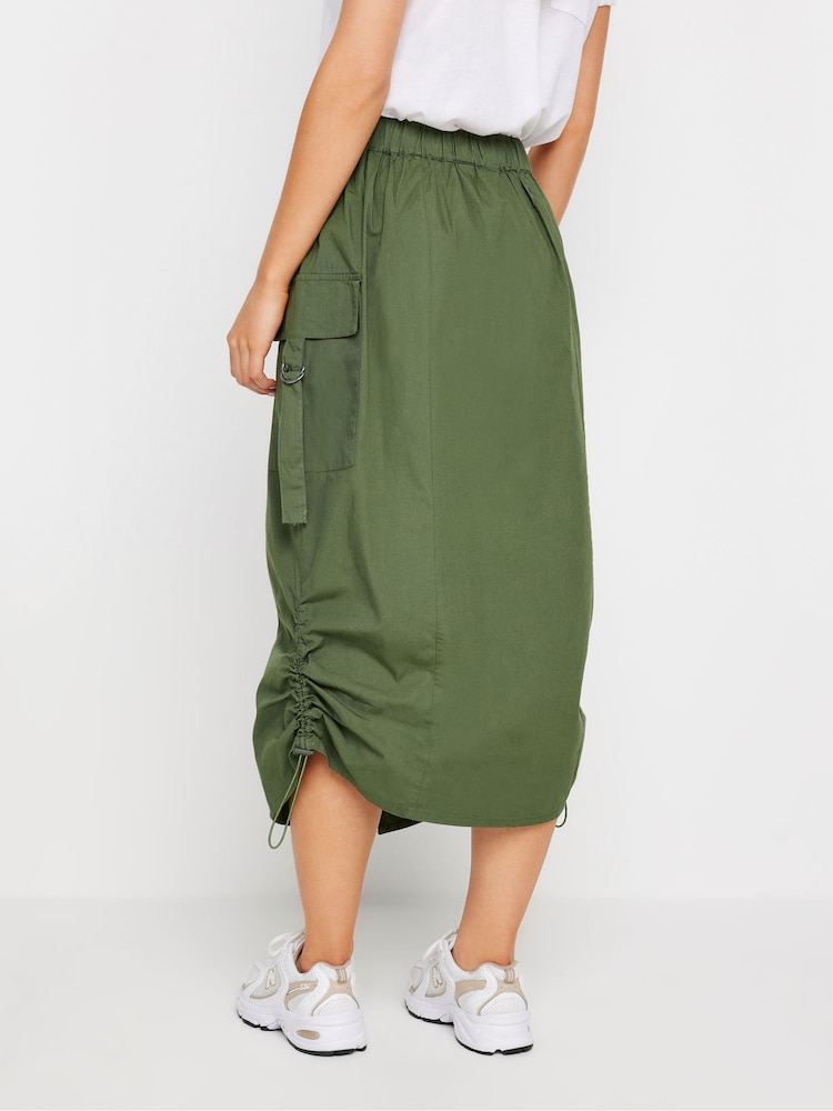 PixieGirl Petite Green 100% Cotton Cargo Ruched Midi Skirt - Image 3 of 5