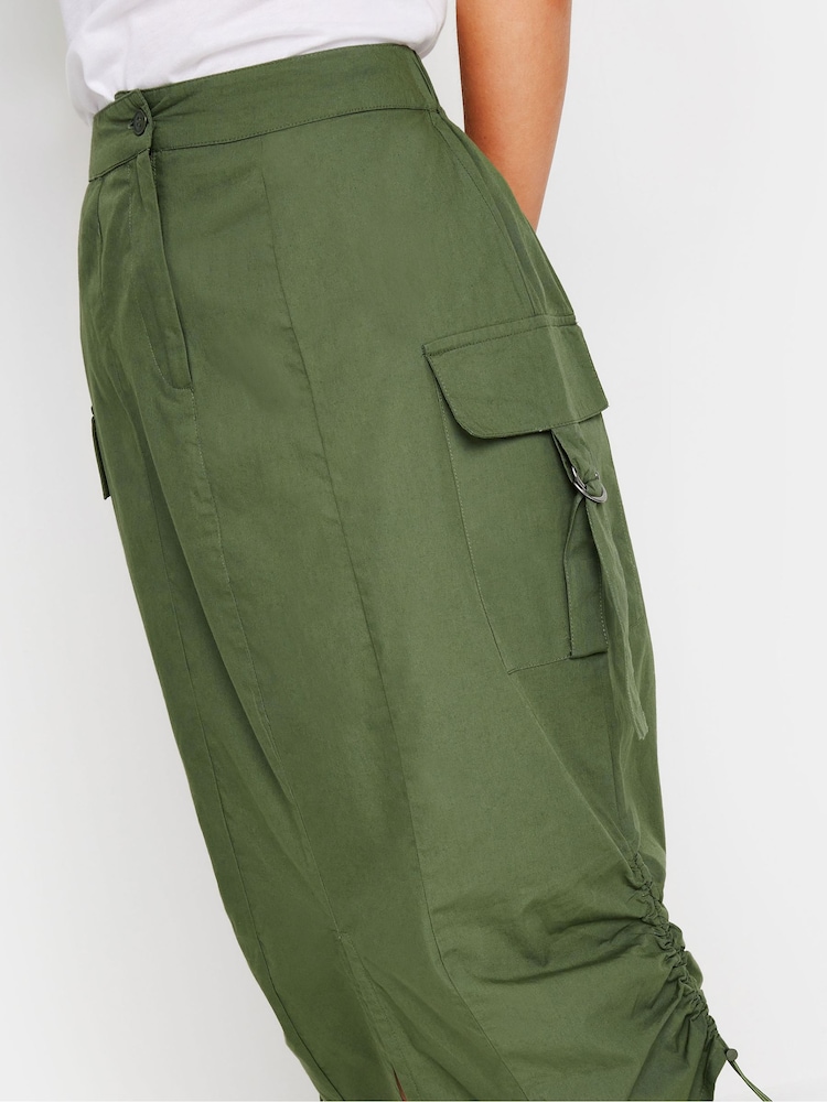 PixieGirl Petite Green 100% Cotton Cargo Ruched Midi Skirt - Image 4 of 5