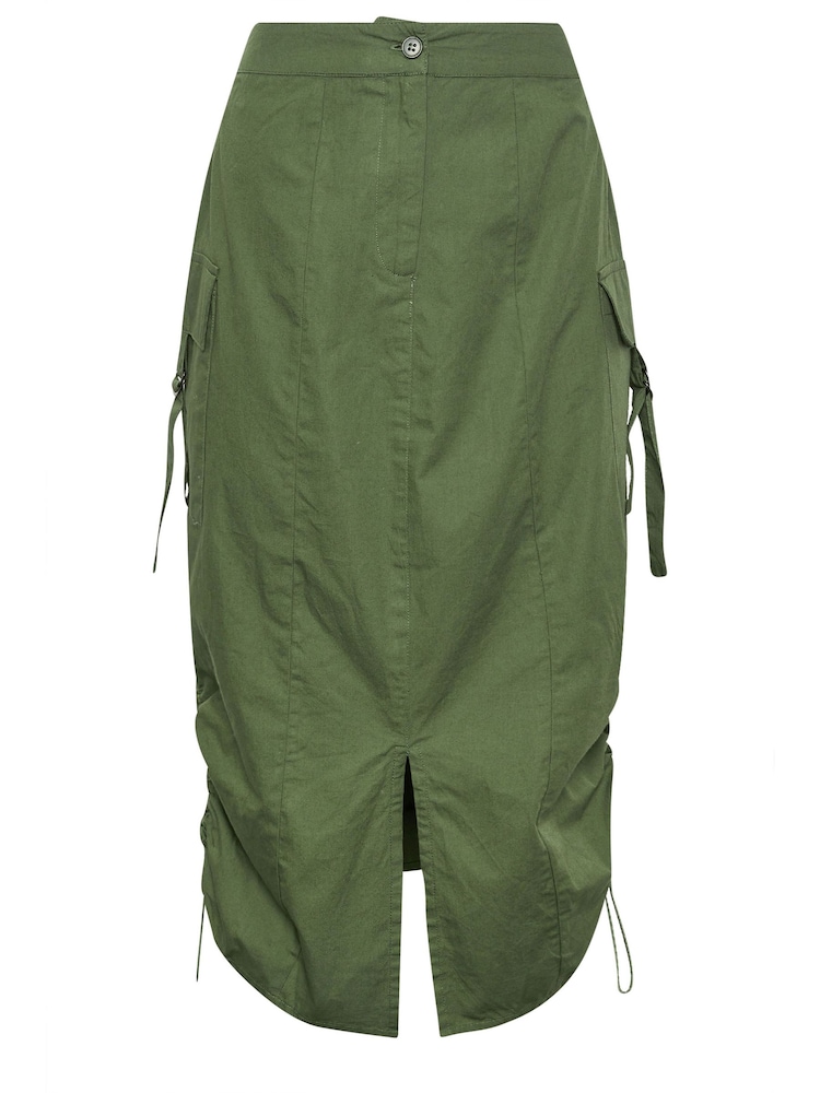 PixieGirl Petite Green 100% Cotton Cargo Ruched Midi Skirt - Image 5 of 5