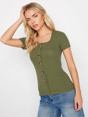 تيشيرت مضلع بأزرار وأكمام قصيرة من PixieGirl Petite - Image 1 of 5