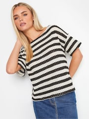 PixieGirl Petite Black Stripe Short Sleeve Crochet Top - Image 1 of 5