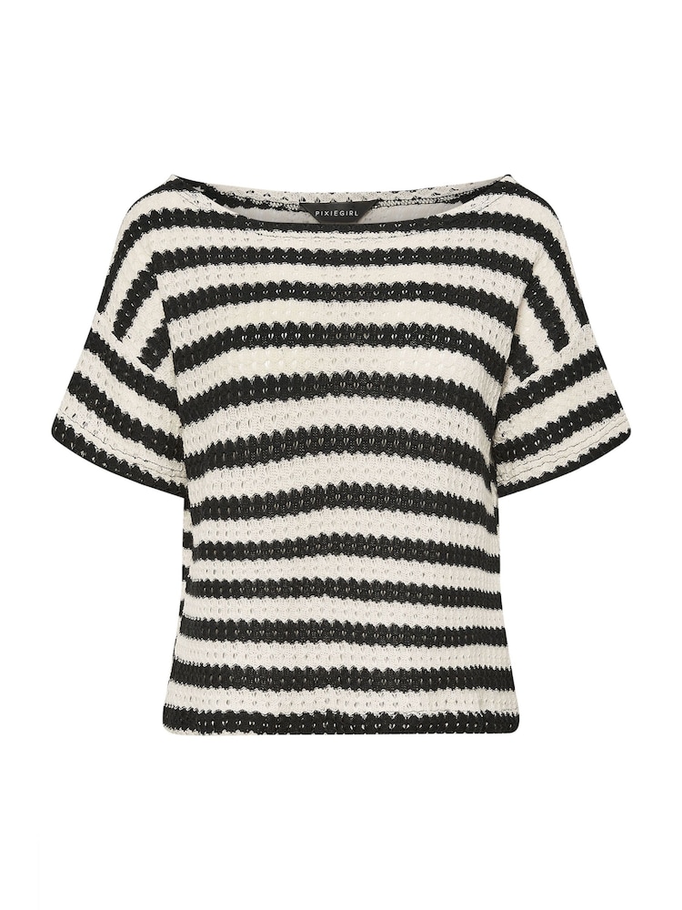 PixieGirl Petite Black Stripe Short Sleeve Crochet Top - Image 5 of 5