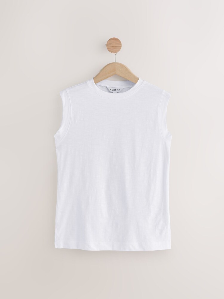 White Sleeveless Slub Fabric Vest 100% Cotton T-Shirt - Image 1 of 3