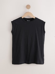 Black Sleeveless Slub Fabric Vest 100% Cotton T-Shirt - Image 1 of 4