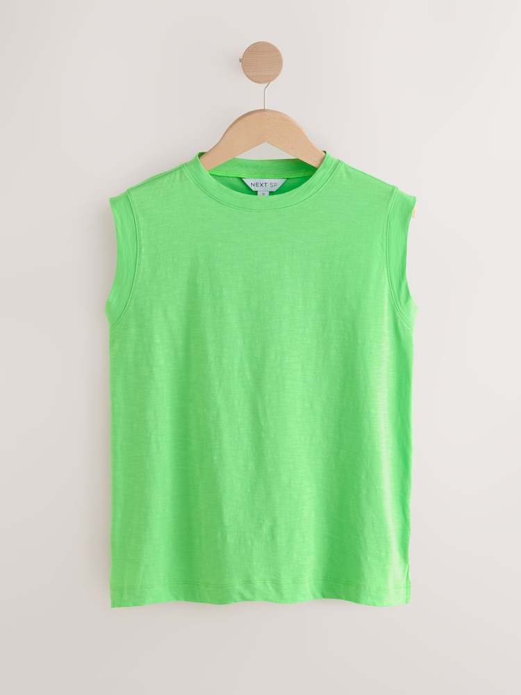 Green Sleeveless Slub Fabric Vest 100% Cotton T-Shirt - Image 1 of 4