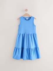 Blue 100% Cotton Jersy Dress With Puff Sleeve - Image 1 of 3