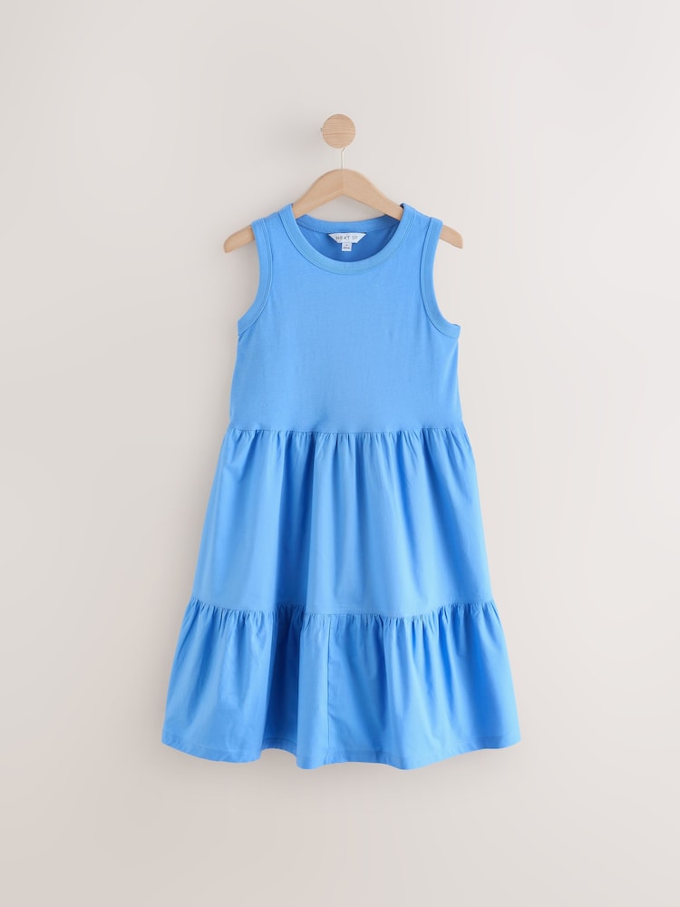 Blue 100% Cotton Jersy Dress With Puff Sleeve - Image 1 of 3