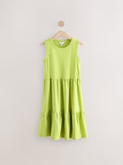 Khaki Green 100% Cotton Jersy Dress With Puff Sleeve - Image 1 of 4