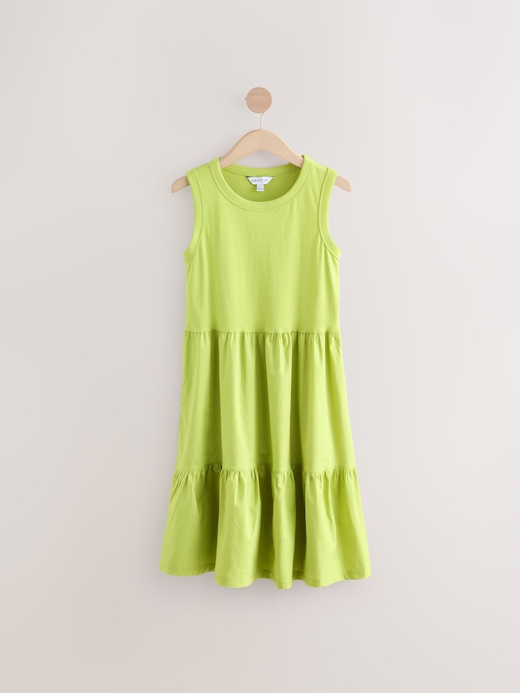 Khaki Green 100% Cotton Jersy Dress With Puff Sleeve - Image 1 of 4