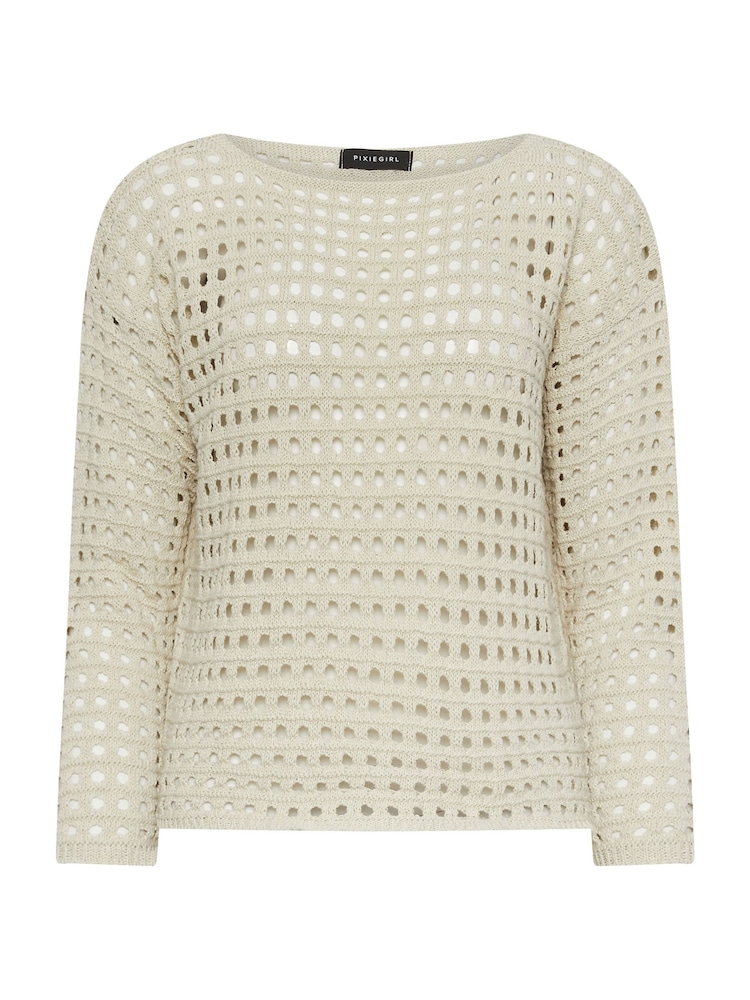 PixieGirl Petite Natural Long Sleeve Crochet Slash Neck Jumper - Image 5 of 5