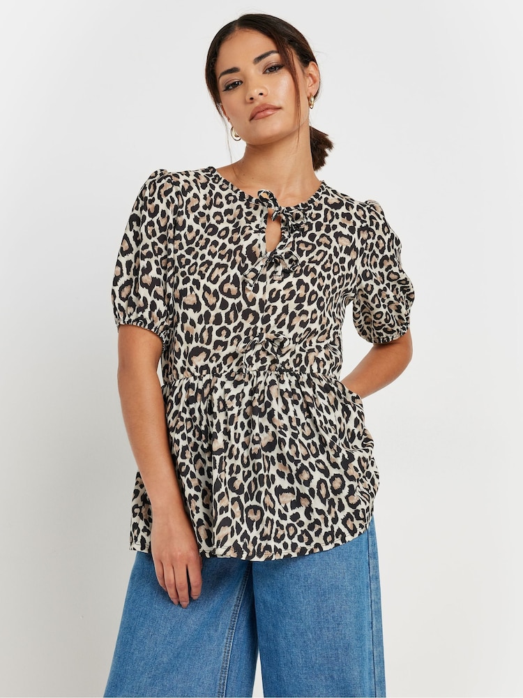 PixieGirl Petite Brown Leopard Print Tie Front Top - Image 1 of 5