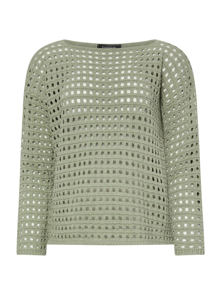 PixieGirl Petite Green Long Sleeve Crochet Slash Neck Jumper - Image 5 of 5