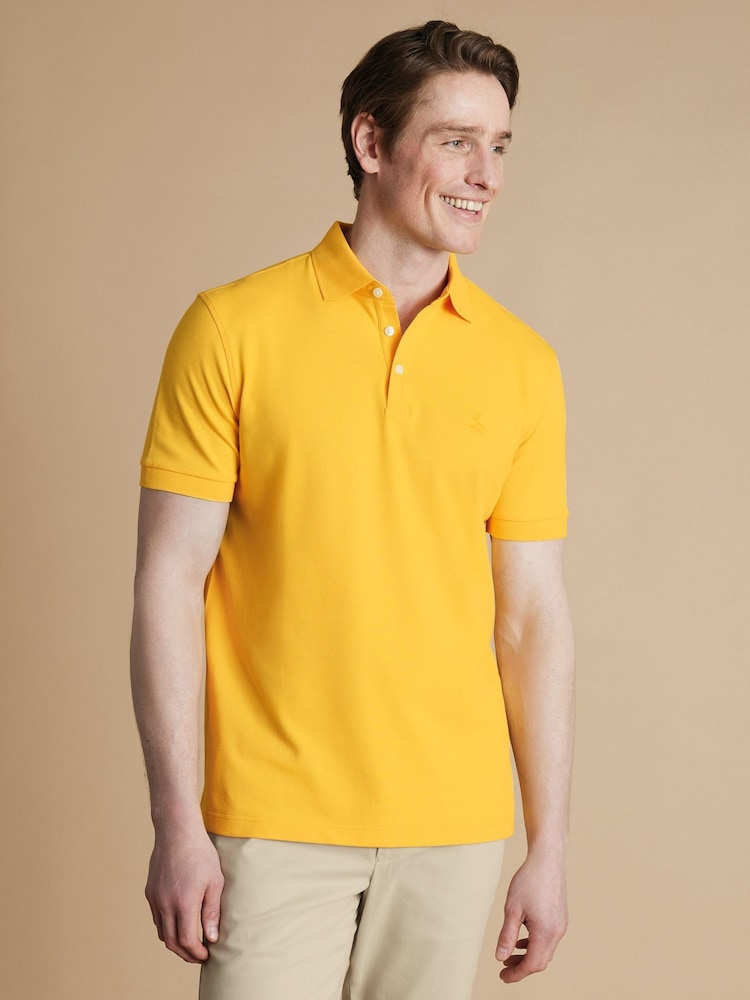 Charles Tyrwhitt Yellow Short Sleeve Cotton Stretch Pique Polo Shirt - Image 1 of 5