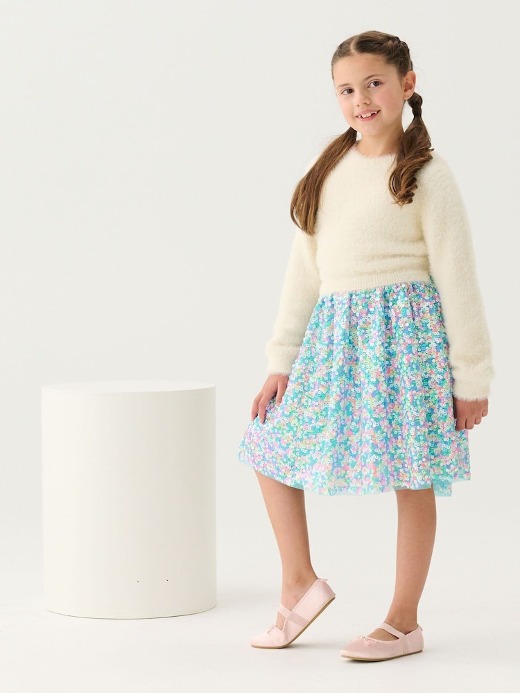 Hatley Cami Lace Fuzzy Mixed Sequin Skirt White Dress - Image 1 of 3 Hatley Cami Lace Fuzzy Mixed Sequin Skirt White Dress - Image 1 of 3
