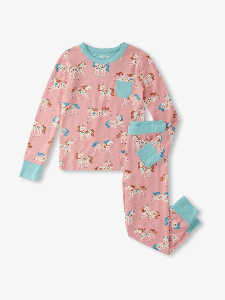 Hatley Pink Folksy Unicorn Bamboo Pyjamas - Image 1 of 1 Hatley Pink Folksy Unicorn Bamboo Pyjamas - Image 1 of 1