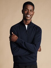 Charles Tyrwhitt Blue Merino Performance Quarter Zip Cardigan - Image 1 of 6