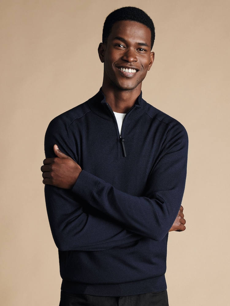 Charles Tyrwhitt Blue Merino Performance Quarter Zip Cardigan - Image 1 of 6