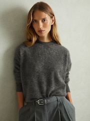 Reiss Charcoal Misha 100% Brushed Cashmere Crew Neck Jumper - Image 1 of 5