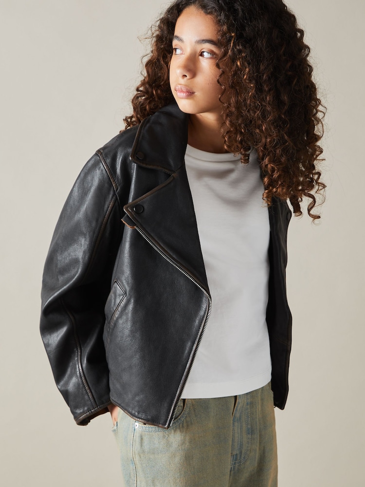 Reiss Black Beau 9-13 yrs Relaxed Leather Biker Jacket - Image 1 of 5