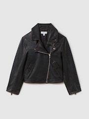 Reiss Black Beau 9-13 yrs Relaxed Leather Biker Jacket - Image 2 of 5