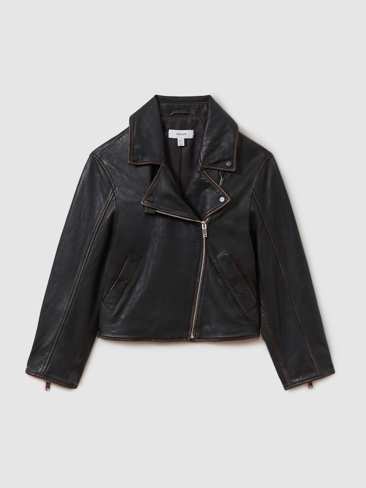 Reiss Black Beau 9-13 yrs Relaxed Leather Biker Jacket - Image 2 of 5
