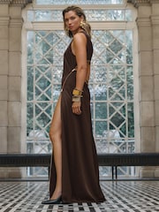 Reiss Chocolate Leanna Atelier Zipped Satin Maxi Dress with Virgin Wool - Image 1 of 7