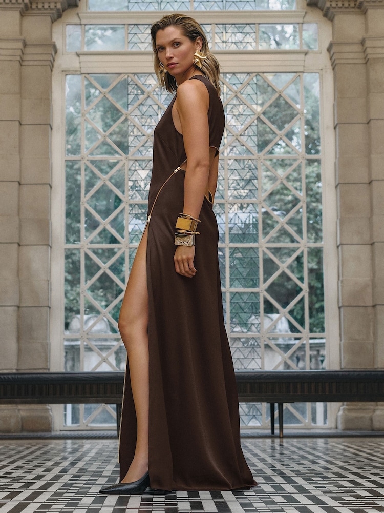 Reiss Chocolate Leanna Atelier Zipped Satin Maxi Dress with Virgin Wool - Image 1 of 7