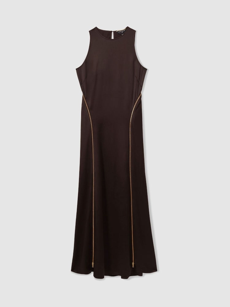 Reiss Chocolate Leanna Atelier Zipped Satin Maxi Dress with Virgin Wool - Image 2 of 7