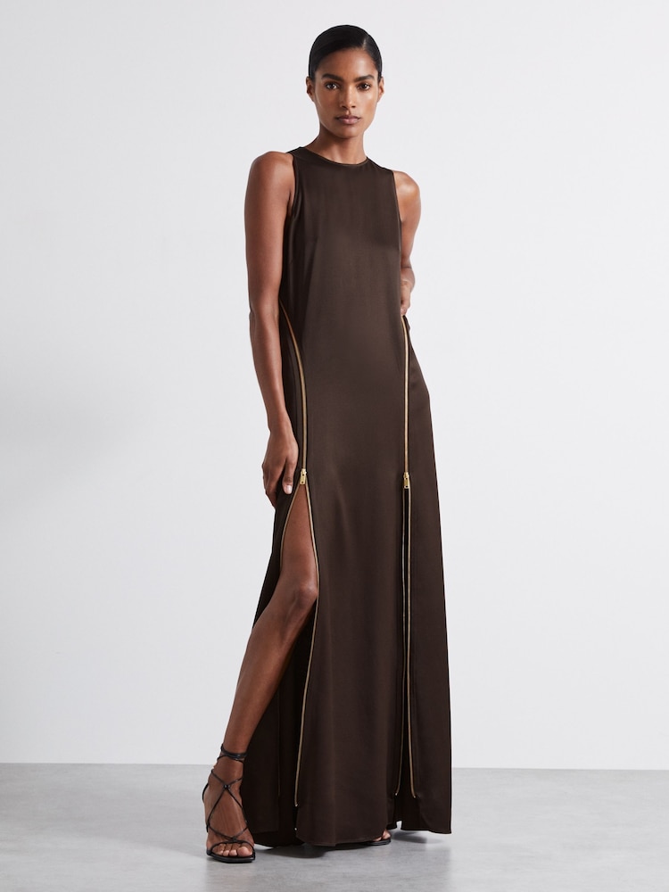 Reiss Chocolate Leanna Atelier Zipped Satin Maxi Dress with Virgin Wool - Image 3 of 7
