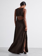 Reiss Chocolate Leanna Atelier Zipped Satin Maxi Dress with Virgin Wool - Image 5 of 7