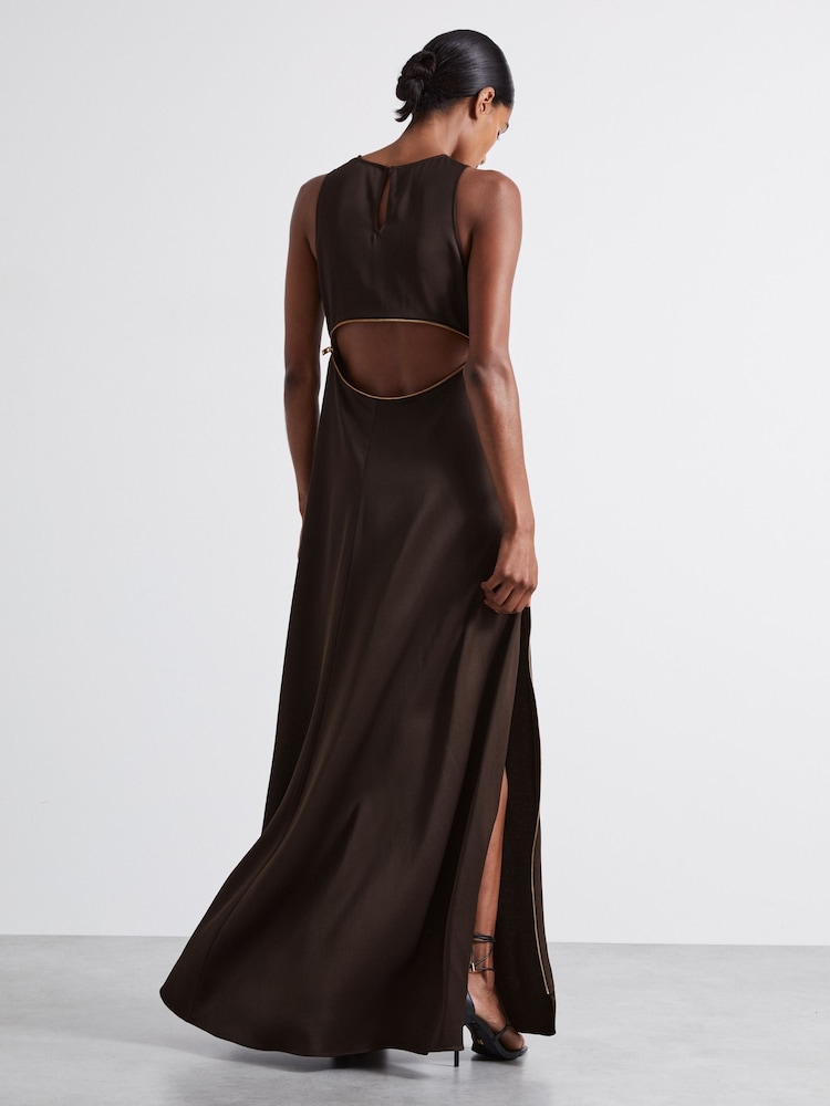 Reiss Chocolate Leanna Atelier Zipped Satin Maxi Dress with Virgin Wool - Image 5 of 7