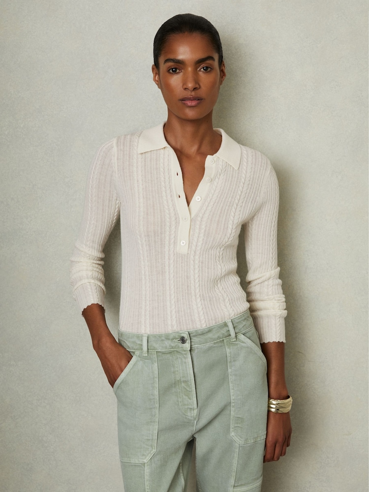 Reiss Cream Jade Wool Cable Knit Polo Neck Jumper - Image 1 of 6