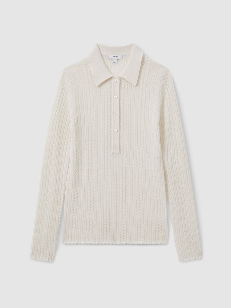 Reiss Cream Jade Wool Cable Knit Polo Neck Jumper - Image 2 of 6