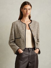 Reiss Brown Luna Cropped Wool Blend Tweed Jacket - Image 1 of 6