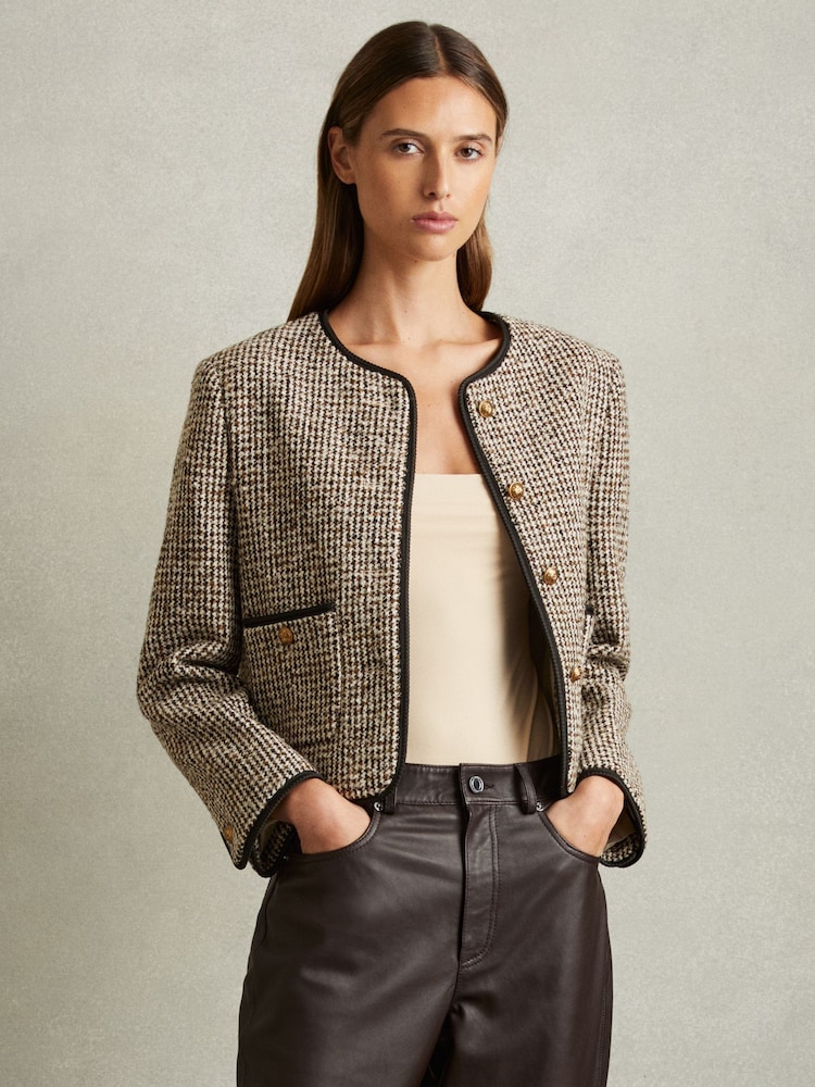 Reiss Brown Luna Cropped Wool Blend Tweed Jacket - Image 1 of 6
