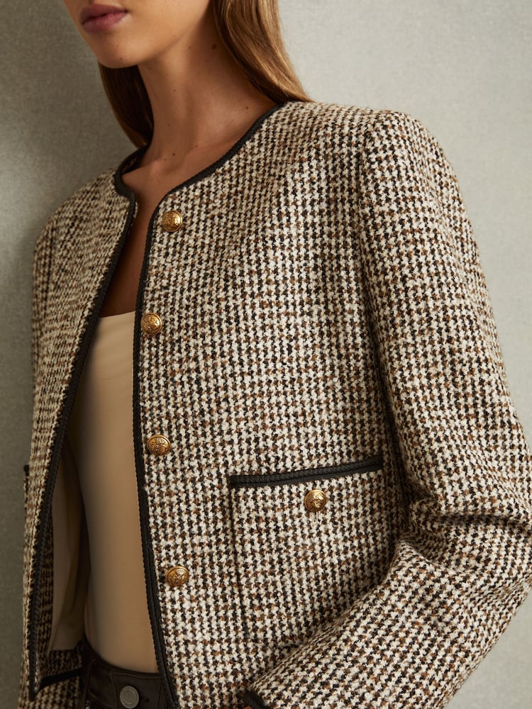 Reiss Brown Luna Cropped Wool Blend Tweed Jacket - Image 4 of 6