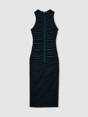 Reiss Teal Niva Racer-Front Ruched-Velvet Dress - Image 2 of 6