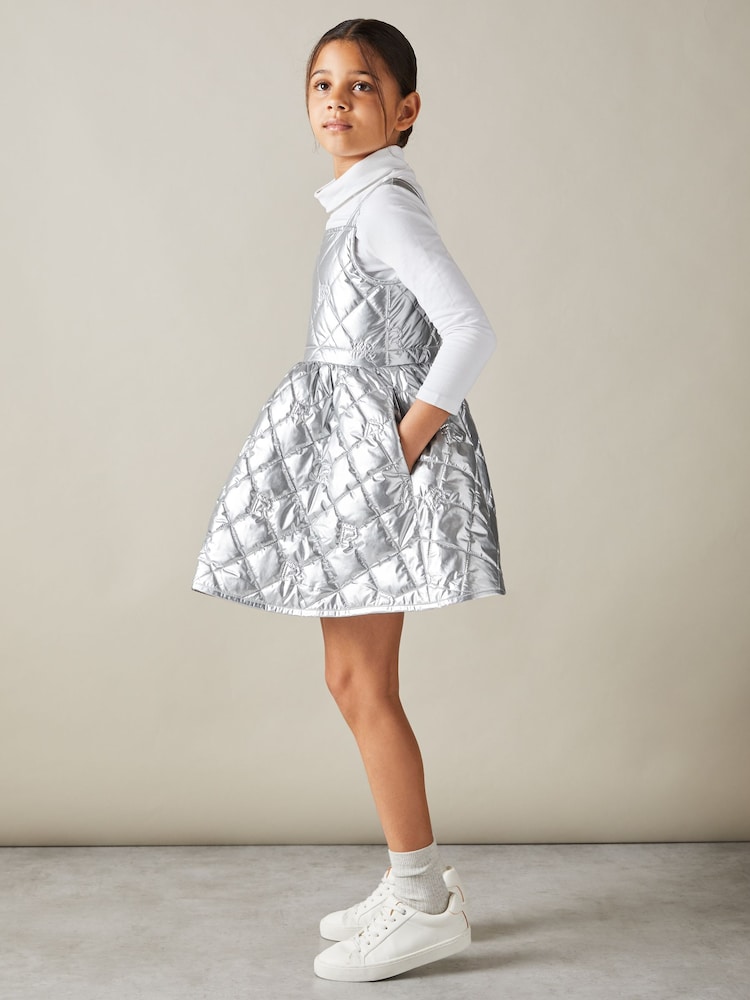 Reiss Silver Joey 4-9 yrs Quilted Metallic Flared Dress - Image 1 of 4