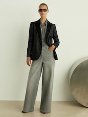 Reiss Black Minnie Single-Breasted Lamé-Stripe Tuxedo Jacket - Image 1 of 8
