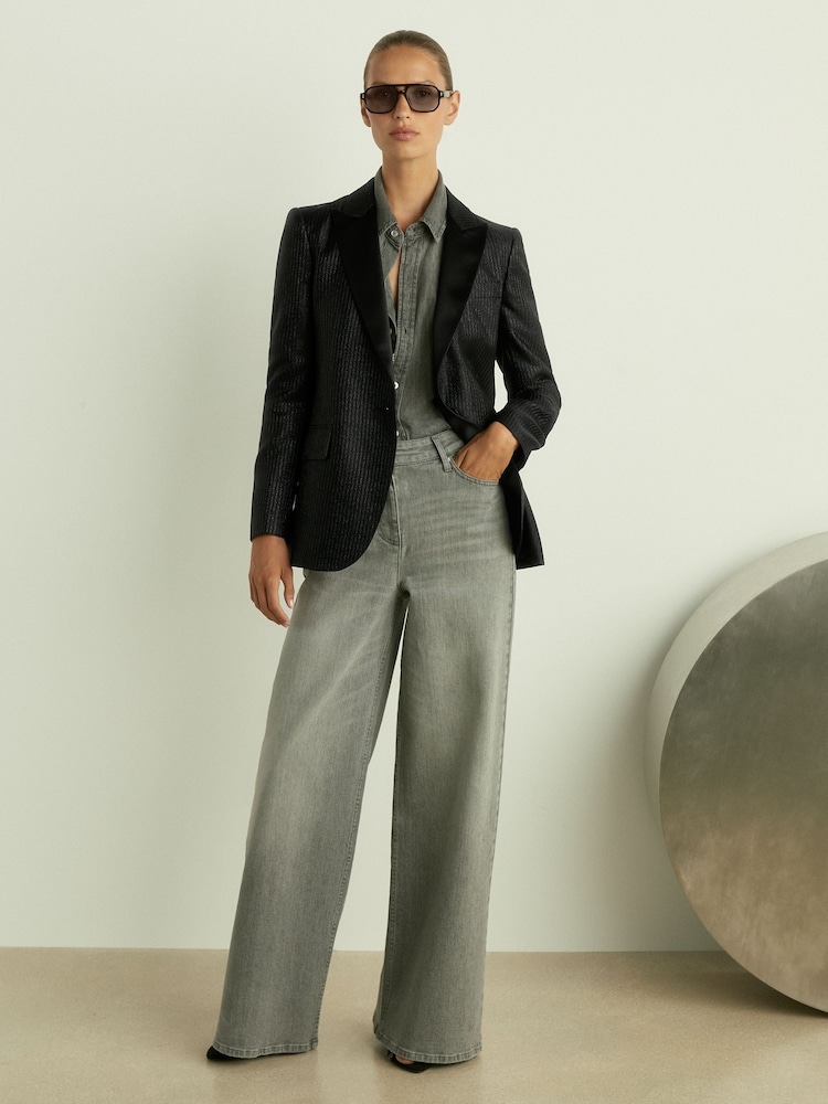 Reiss Black Minnie Single-Breasted Lamé-Stripe Tuxedo Jacket - Image 1 of 8
