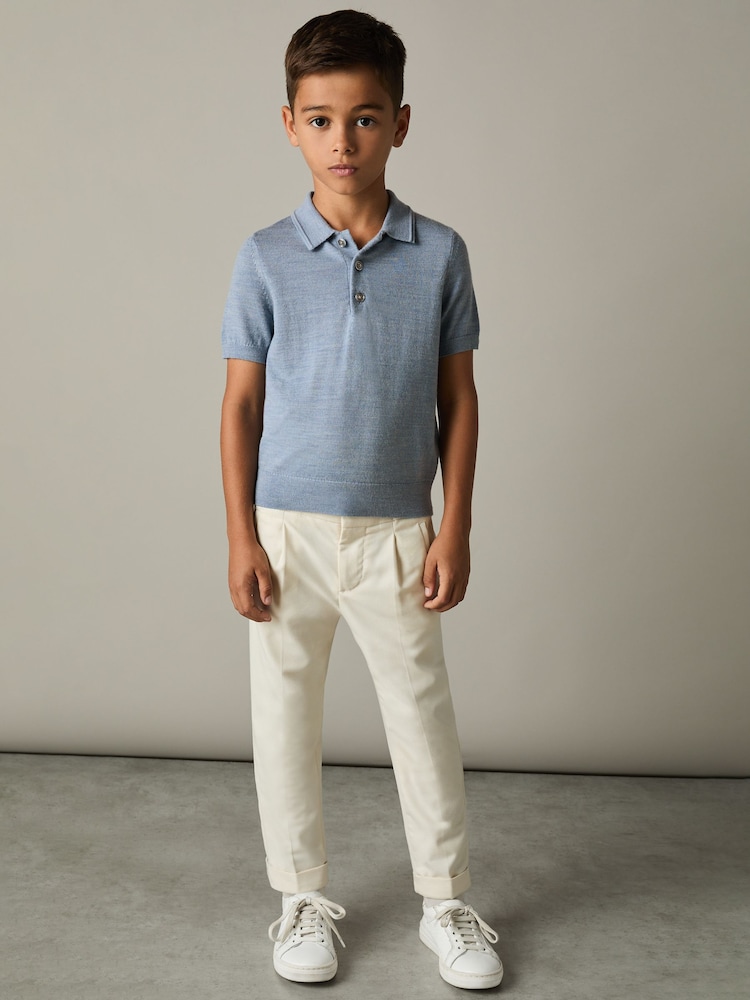 Reiss Soft Blue Melange Manor 9-13 yrs Merino Polo Shirt - Image 1 of 4