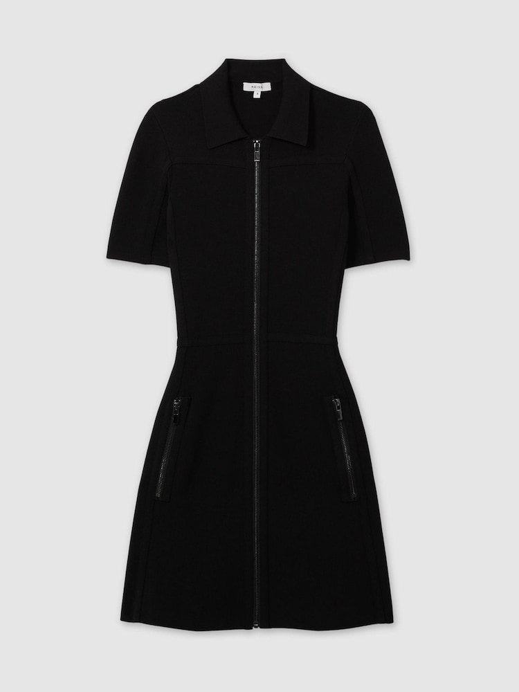 Reiss Black Nala Knitted Zip-Front Mini Dress - Image 2 of 6 Reiss Black Nala Knitted Zip-Front Mini Dress - Image 2 of 6