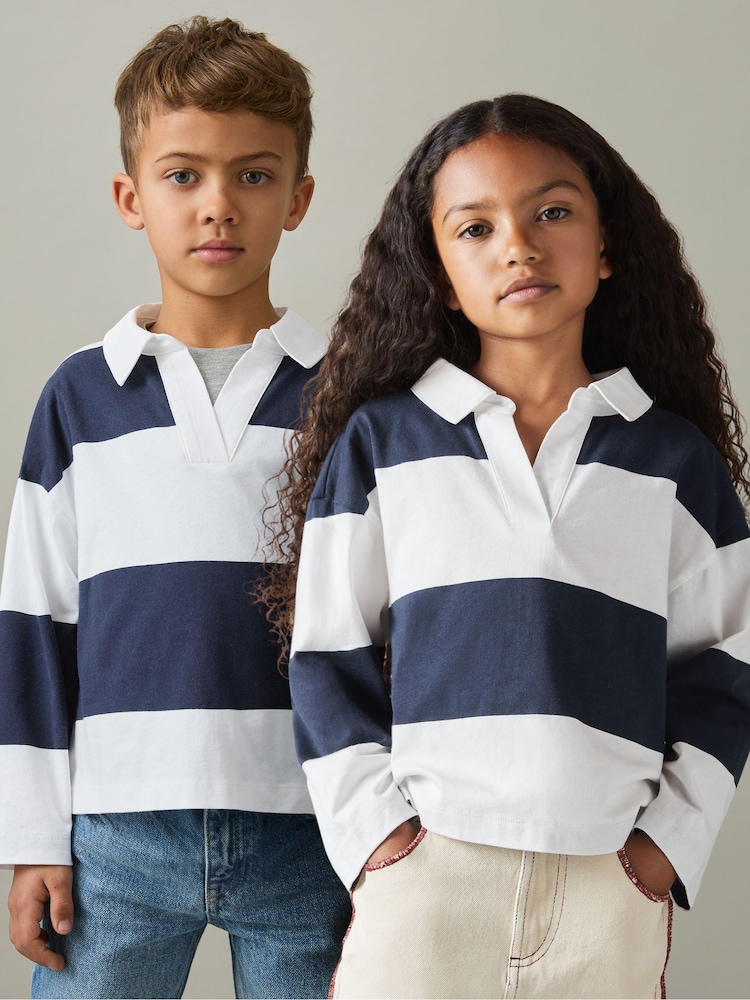 Reiss Navy Abigail 4-9 yrs Oversized Cotton Striped Open-Collar Rugby Top - Image 1 of 5